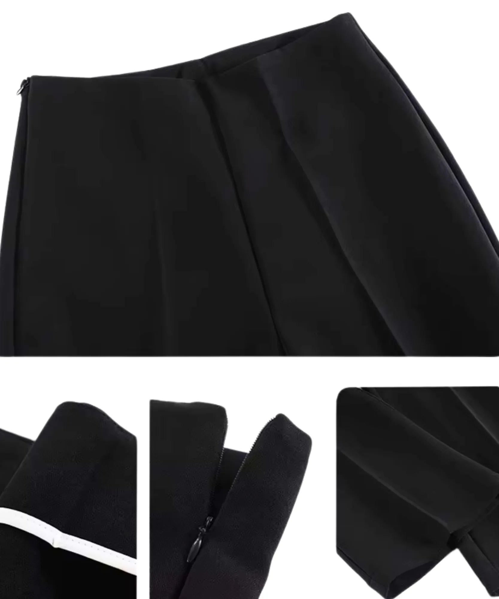 Detalhe do tecido de crepe fosco e do vinco frontal da calça wide leg preta feminina
