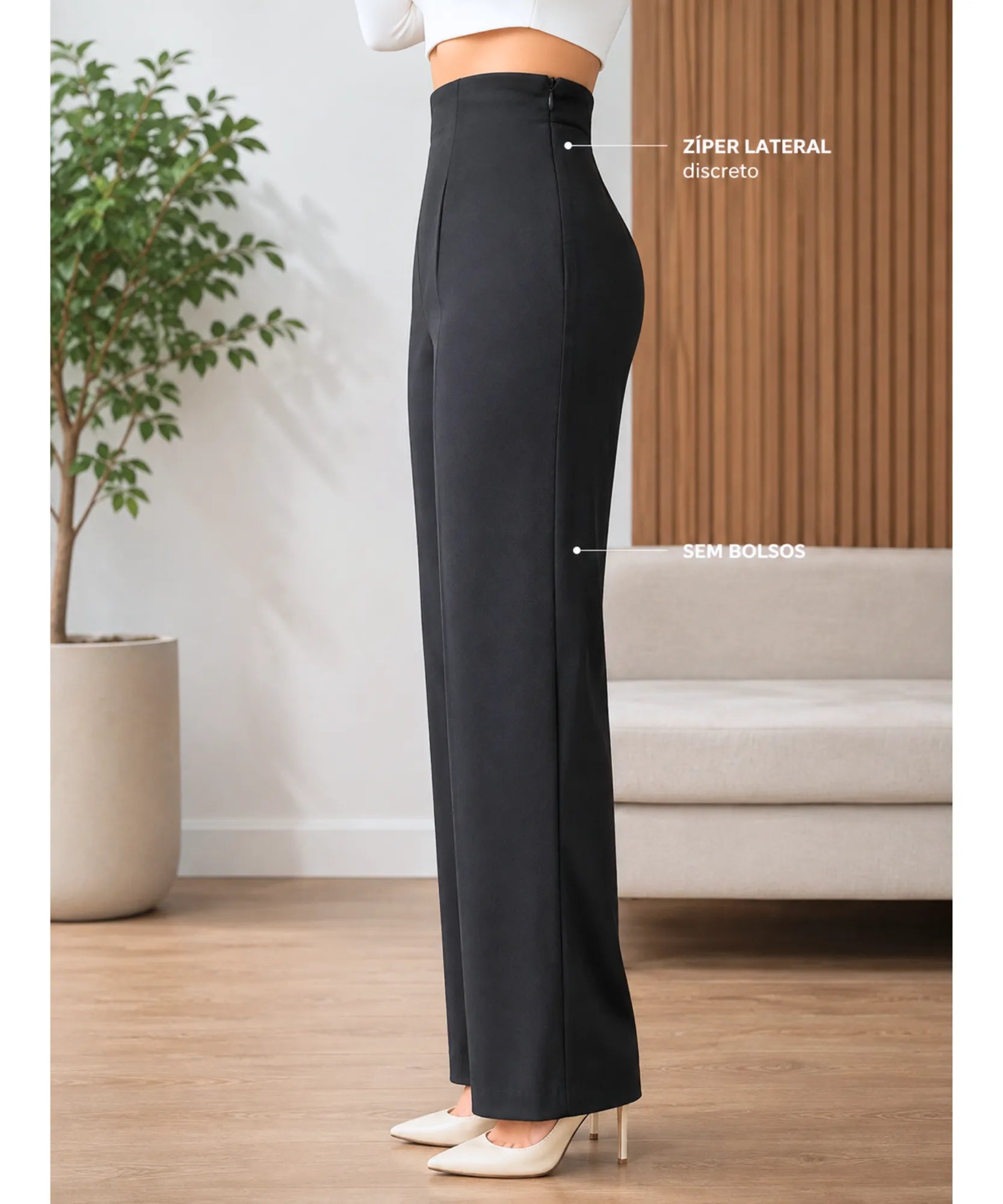 Detalhe da calça wide leg preta feminina com zíper lateral discreto e frente sem bolsos