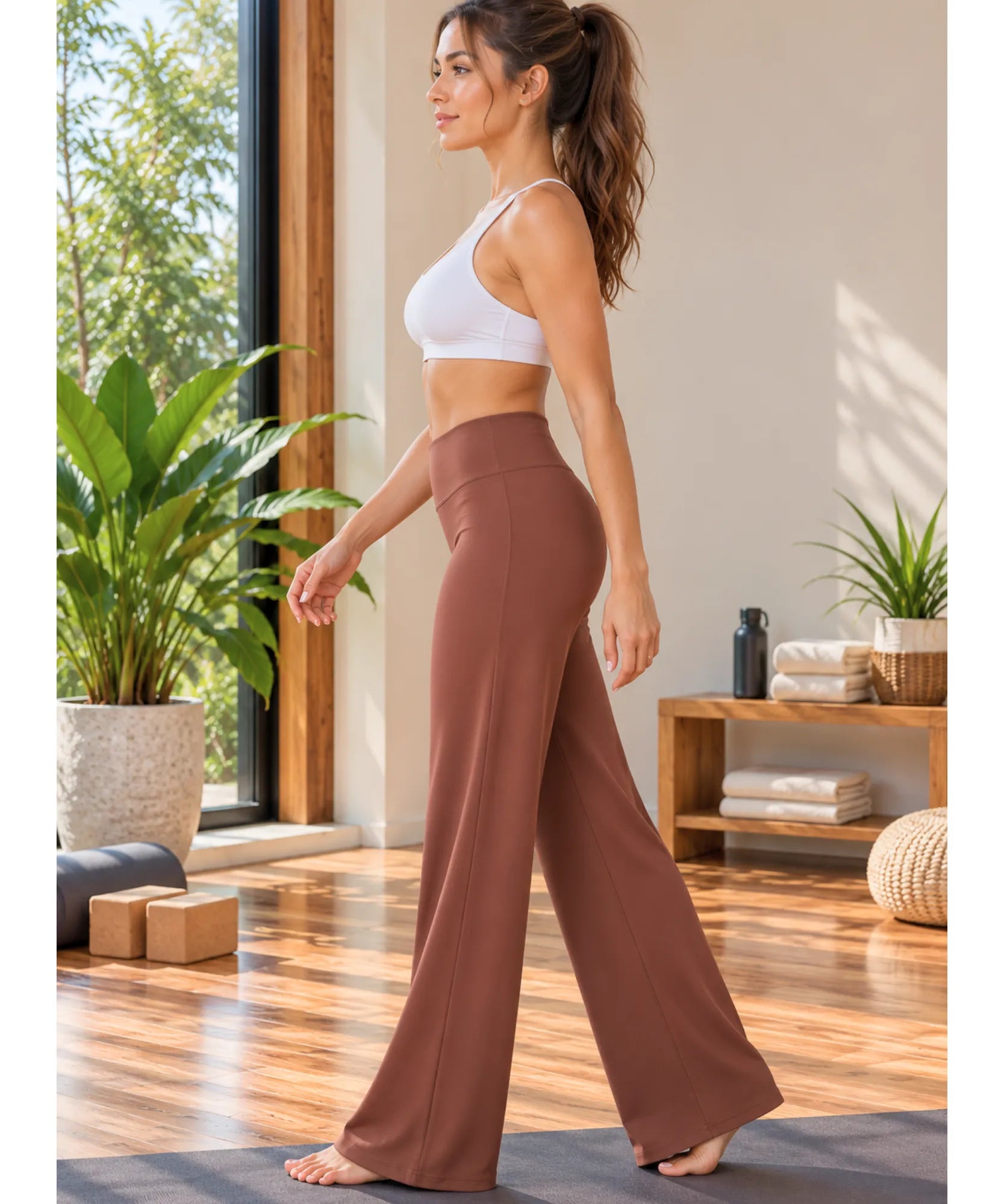 Comprar calça yoga feminina wide leg marrom vista lateral barata Anellimn