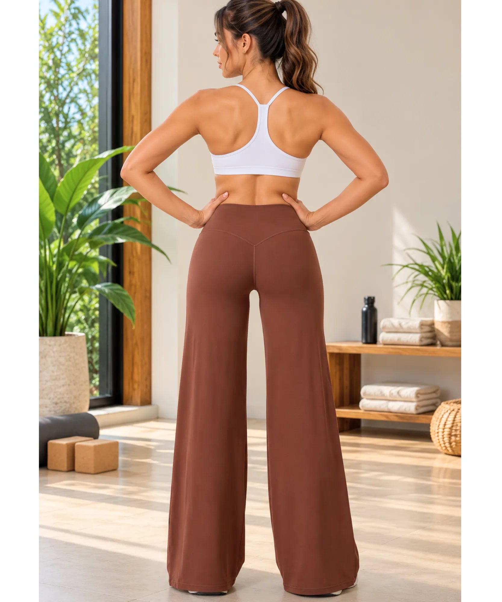 Comprar calça yoga feminina wide leg marrom de costas barata Anellimn