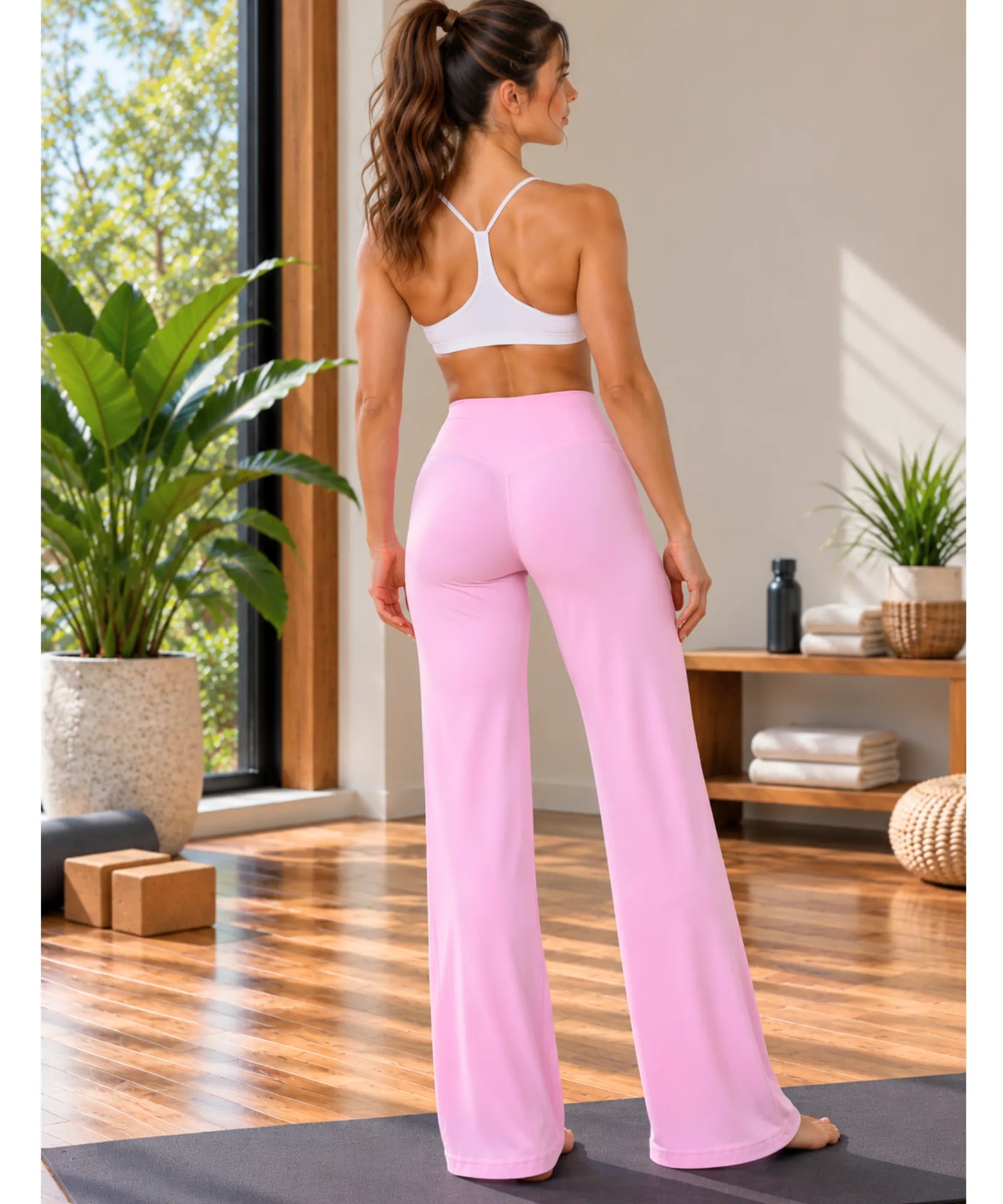 Comprar calça yoga feminina wide leg rosa bebe vista de costas barata Anellimn