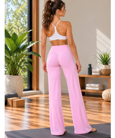 Comprar calça yoga feminina wide leg rosa bebe vista de costas barata Anellimn