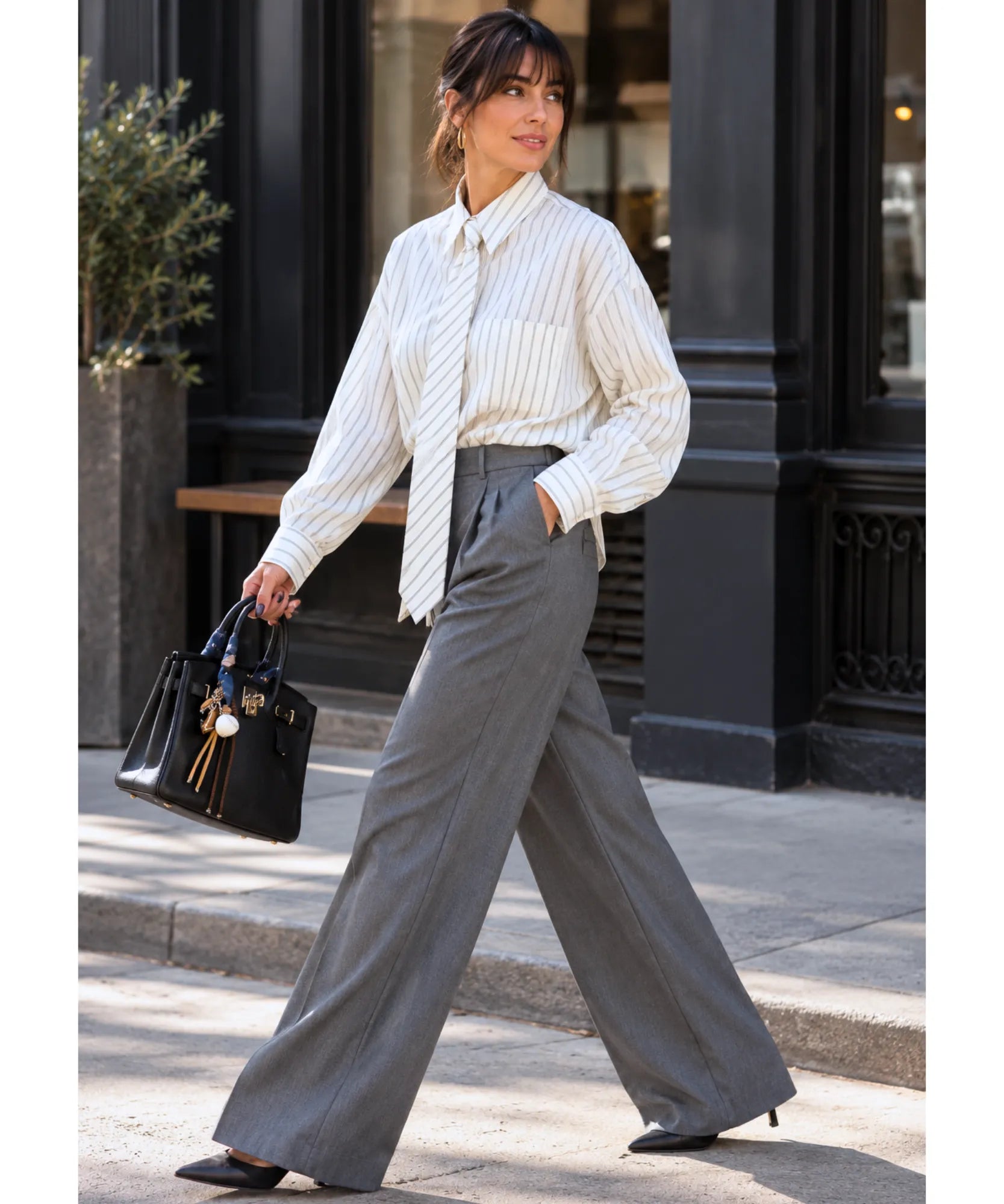 Comprar camisa com gravata feminina estilo boyfriend off white com calça em promoção Anellimn