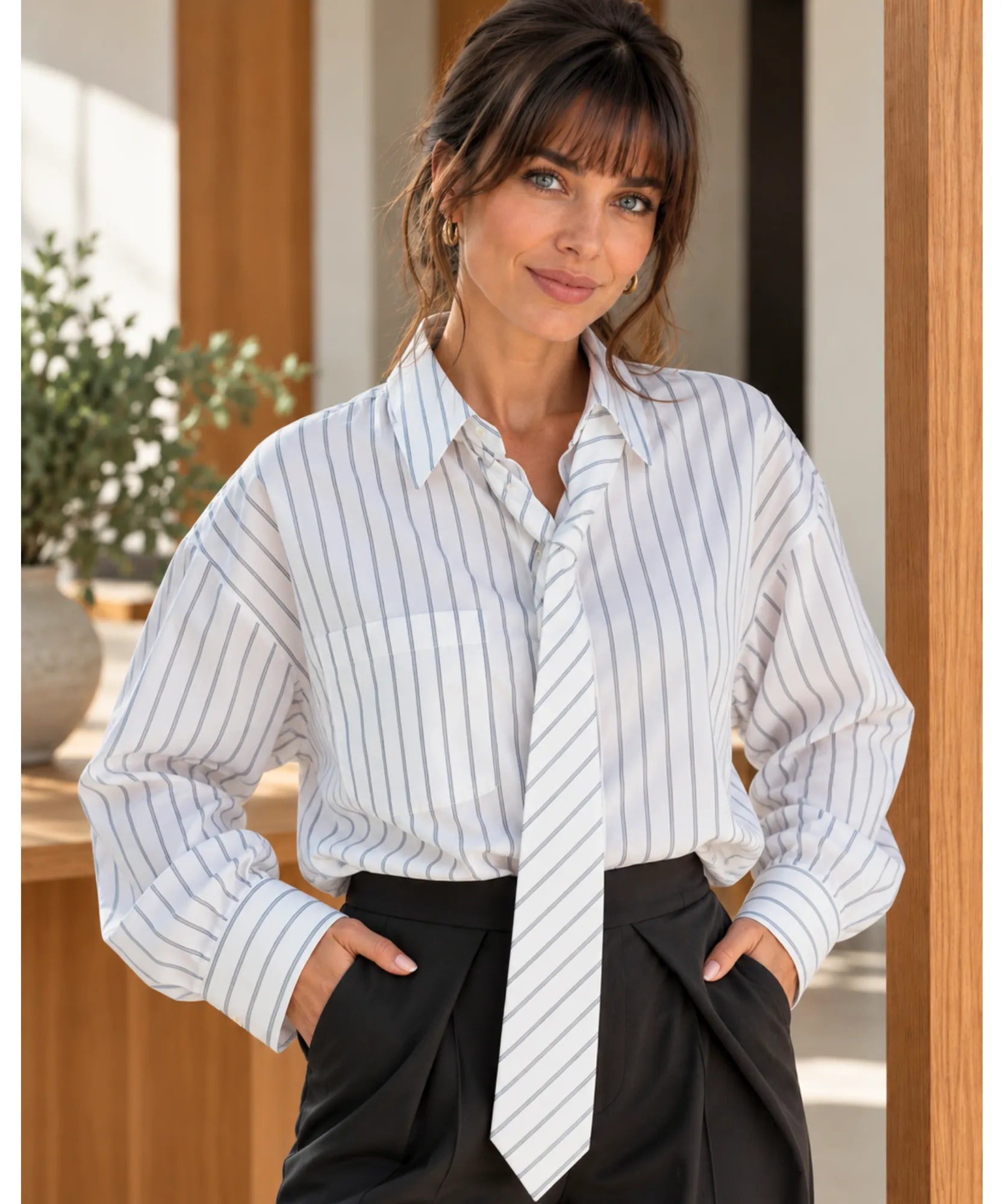 Comprar camisa com gravata feminina manga longa off white em promoção Anellimn
