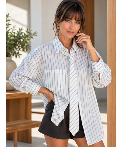 Comprar camisa com gravata feminina oversized aberta off white em promoção Anellimn