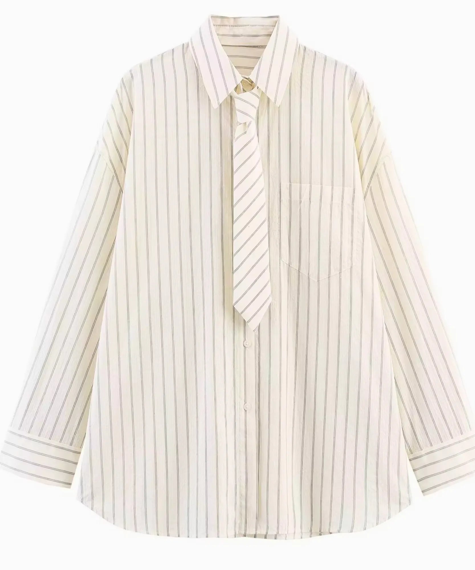 Comprar camisa com gravata feminina listrada off white peça inteira em promoção Anellimn