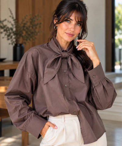 Comprar camisa com laço feminina gola laço marrom em promoção Anellimn