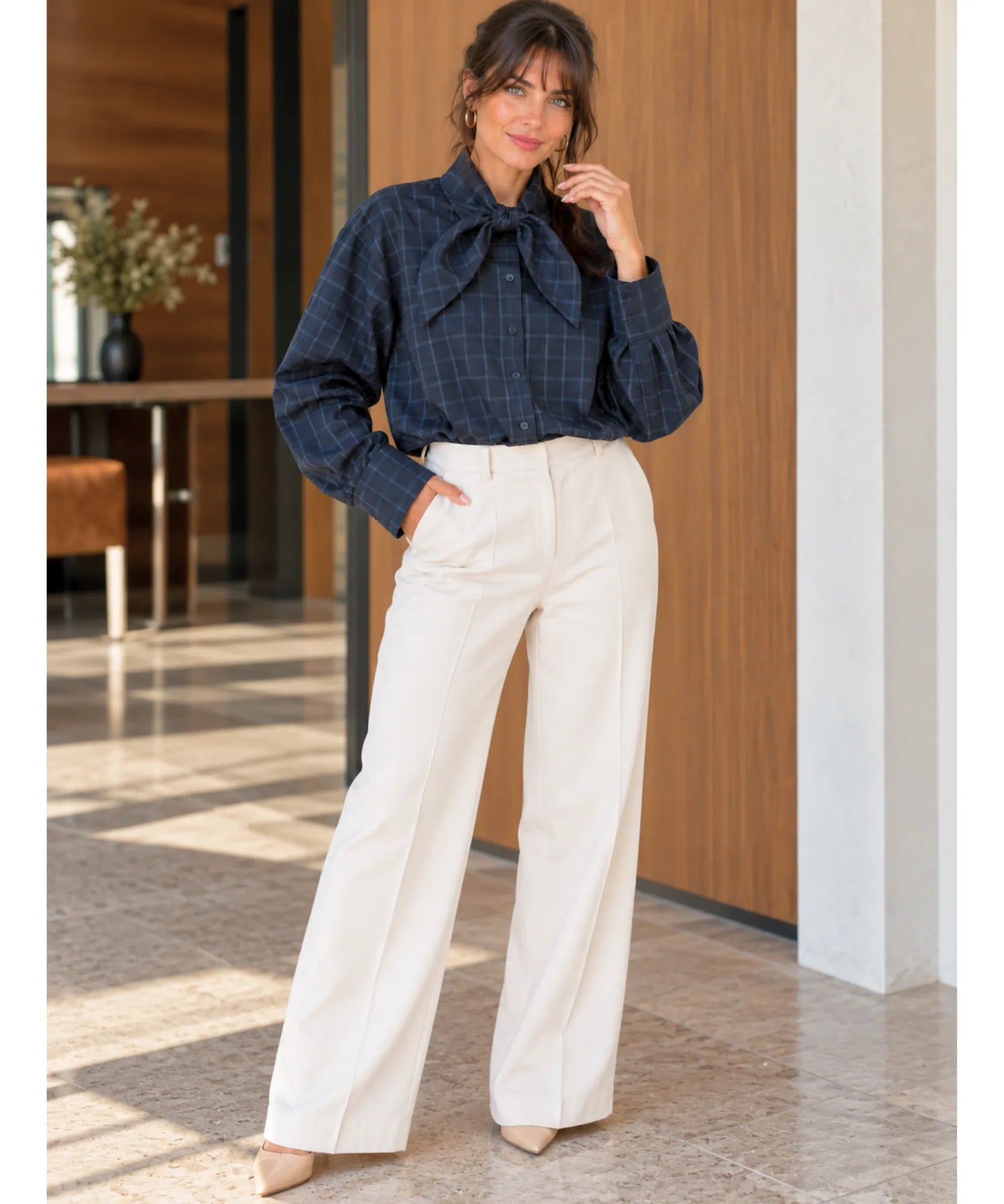 Comprar camisa com laço xadrez azul corpo inteiro em promoção Anellimn