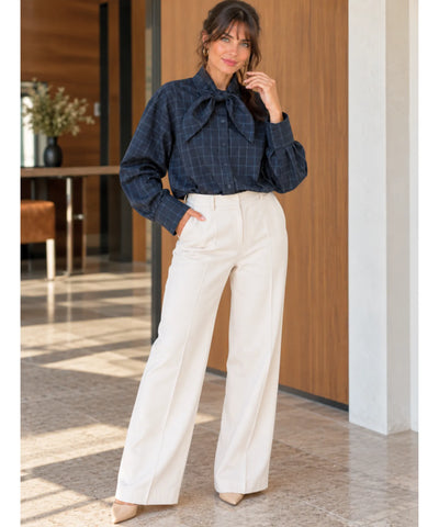 Comprar camisa com laço xadrez azul corpo inteiro em promoção Anellimn