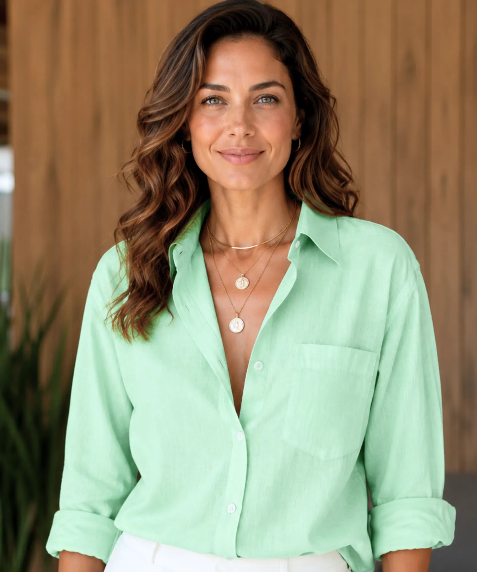 Comprar camisa feminina manga longa de linho verde com algodão para looks casuais sofisticados barato ANELLIMN