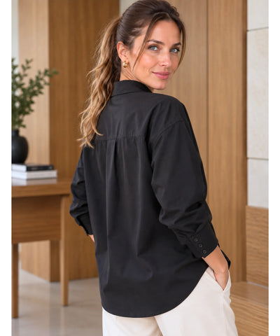 Comprar camisa preta feminina gola padre em promoção Anellimn