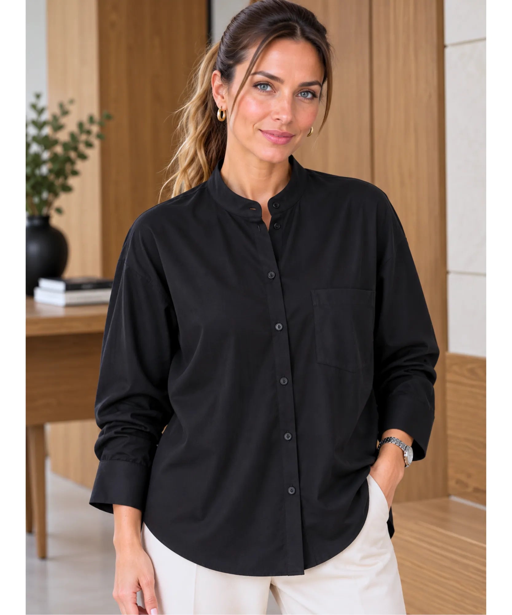 Comprar camisa preta feminina manga longa em promoção Anellimn