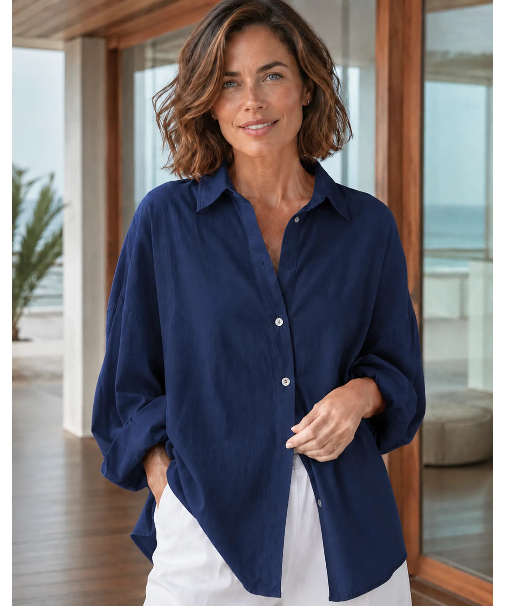 Comprar camisa de algodão feminina oversized com manga longa para looks casuais ou ambiente profissional em promoção ANELLIMN