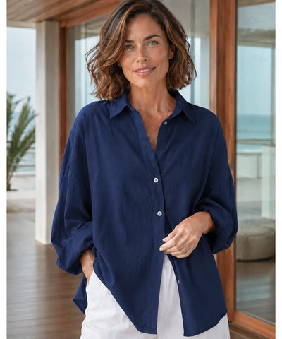 Comprar camisa de algodão feminina oversized com manga longa para looks casuais ou ambiente profissional em promoção ANELLIMN