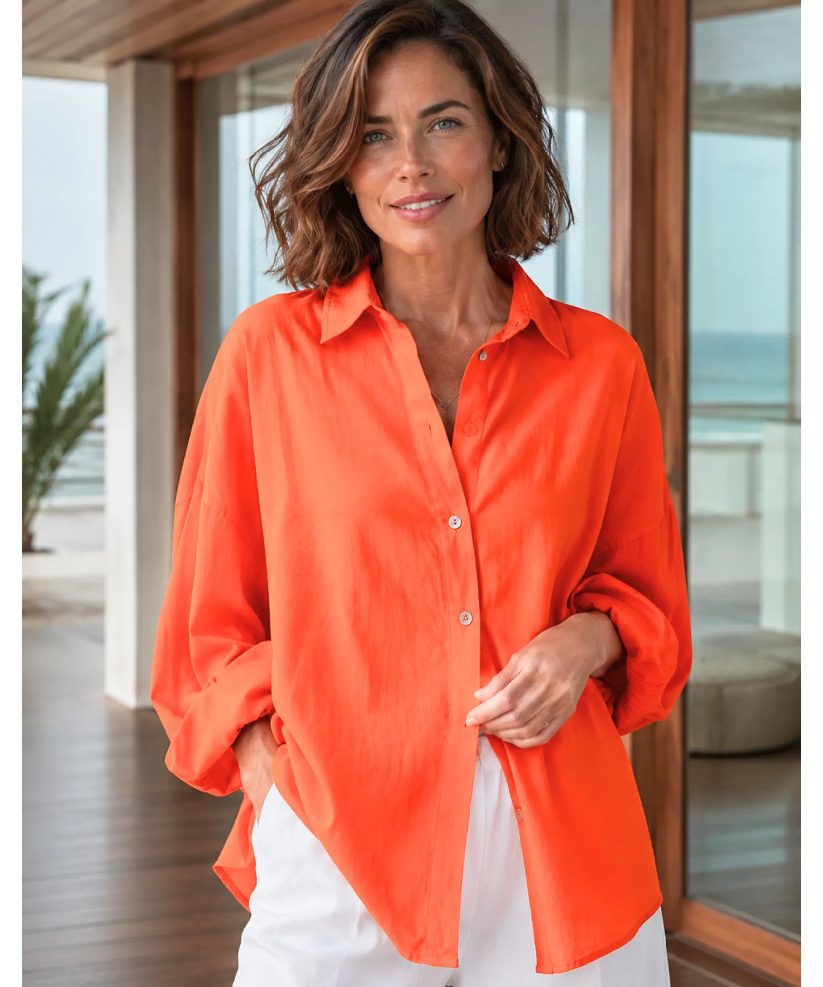 Comprar camisa de algodão feminina oversized com manga longa para looks casuais ou ambiente profissional em promoção ANELLIMN