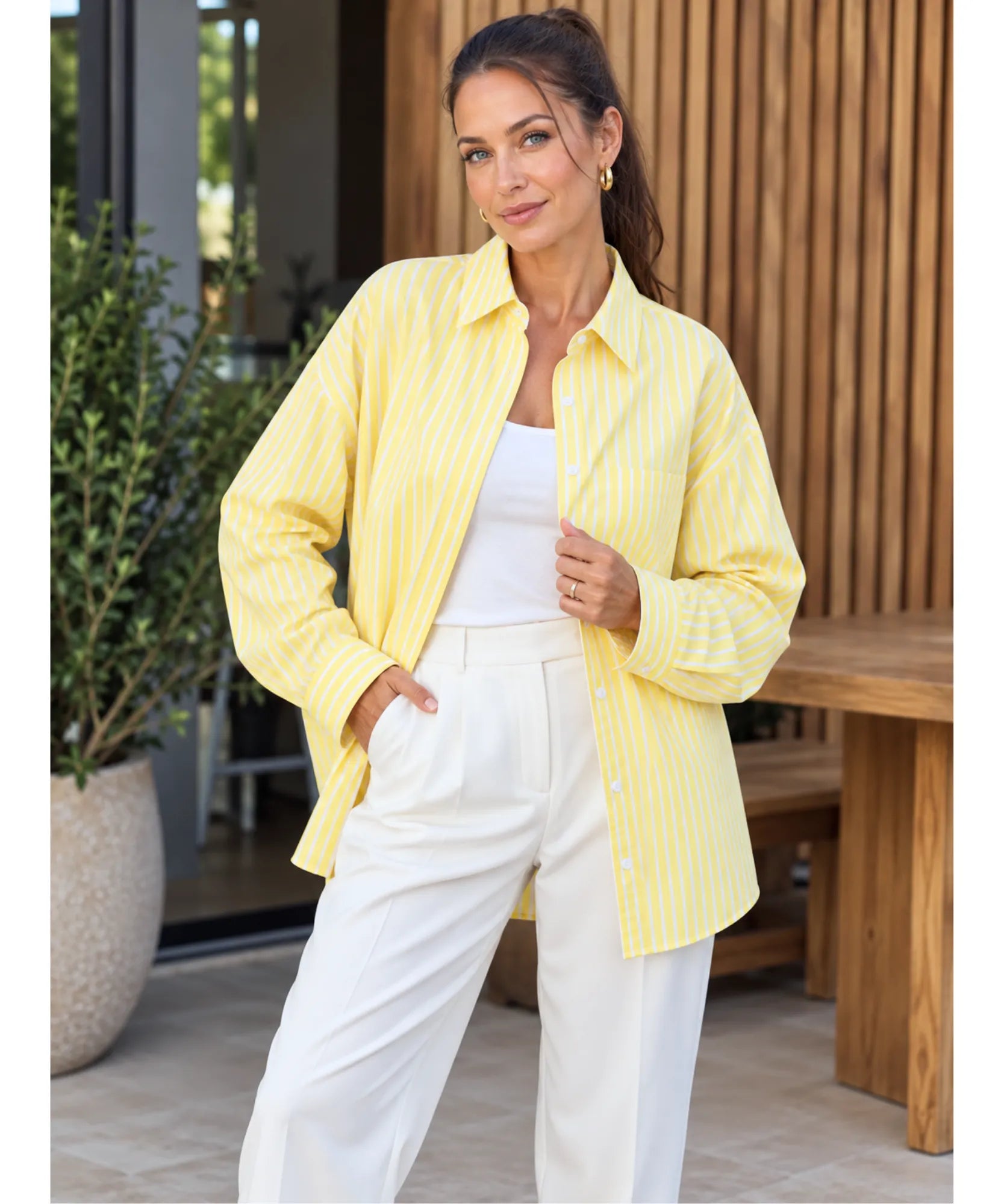 Comprar camisa listrada feminina amarelo claro em promoção Anellimn