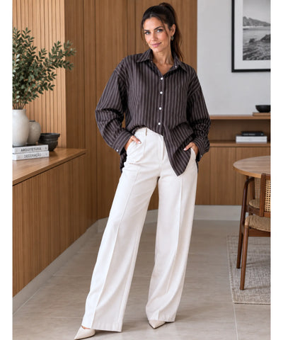Comprar camisa listrada feminina marrom em promoção Anellimn