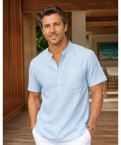 Comprar camisa masculina linho preto manga curta gola padre respirável conforto premium casual social barato promoção ZARA