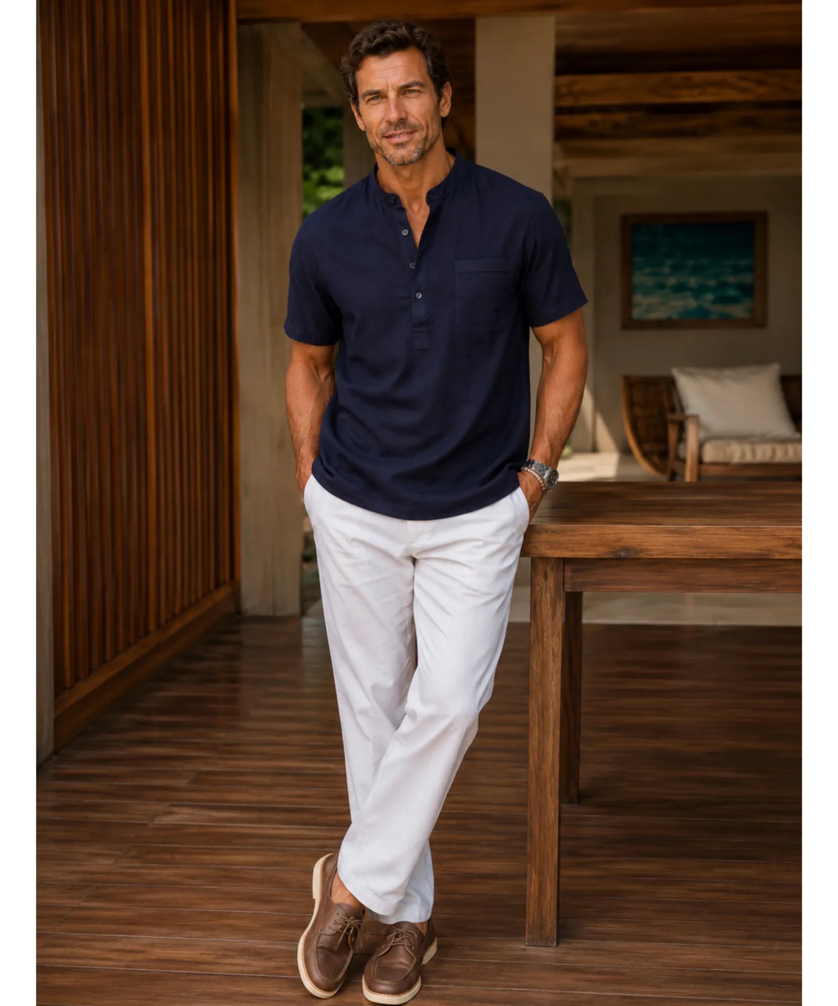 Comprar camisa masculina linho preto manga curta gola padre respirável conforto premium casual social barato promoção ZARA