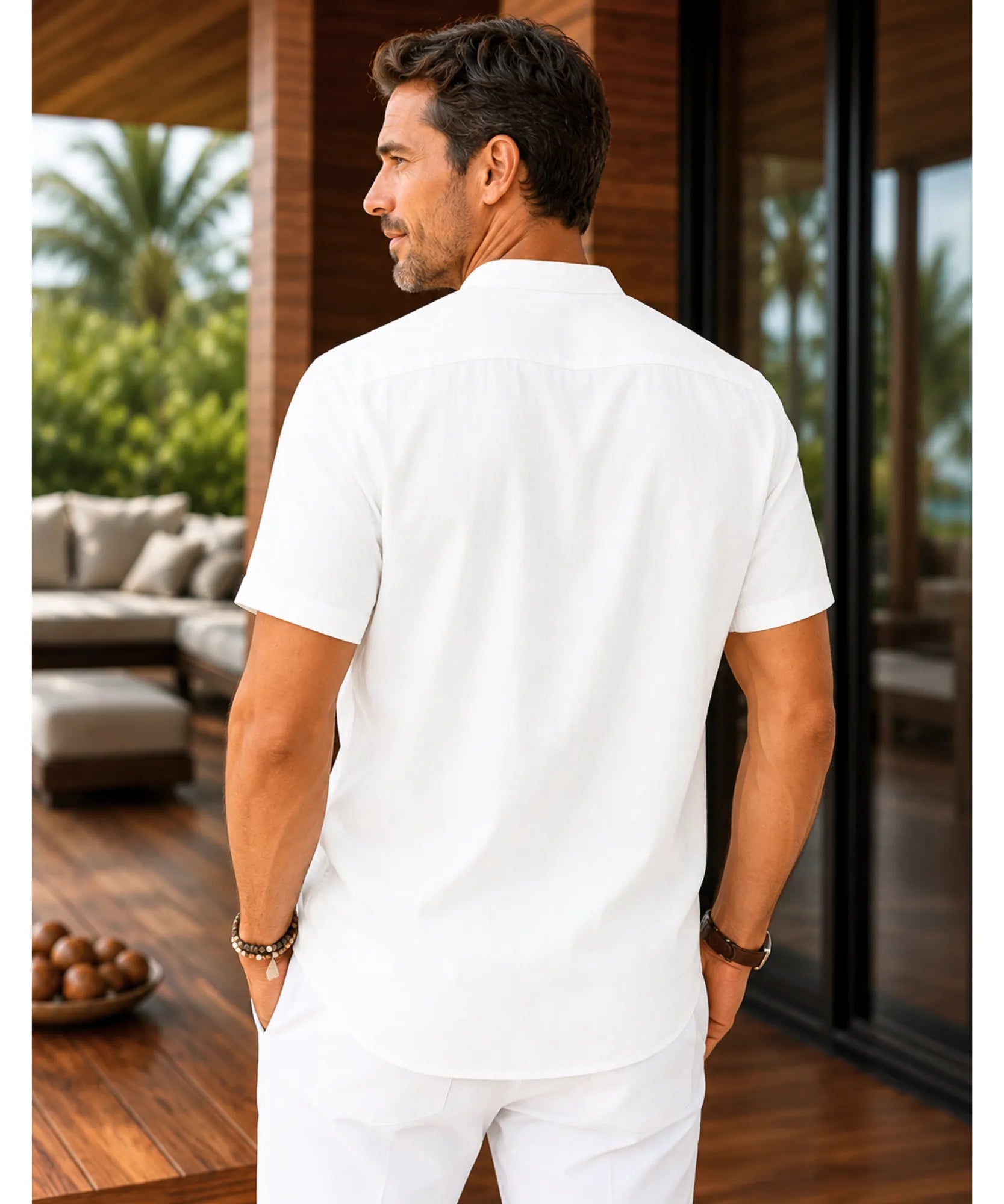 Comprar camisa masculina linho preto manga curta gola padre respirável conforto premium casual social barato promoção ZARA
