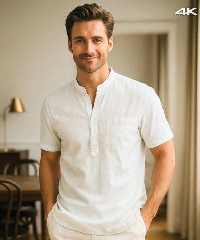 Comprar camisa masculina linho BRANCO manga curta gola padre respirável conforto premium casual social barato promoção ZARA
