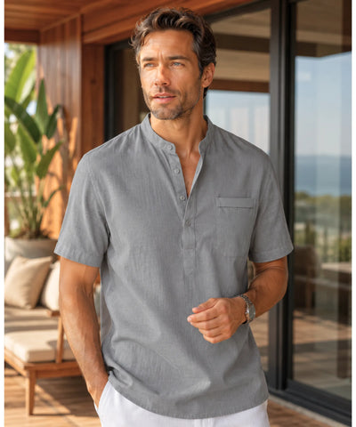 Comprar camisa masculina linho preto manga curta gola padre respirável conforto premium casual social barato promoção ZARA
