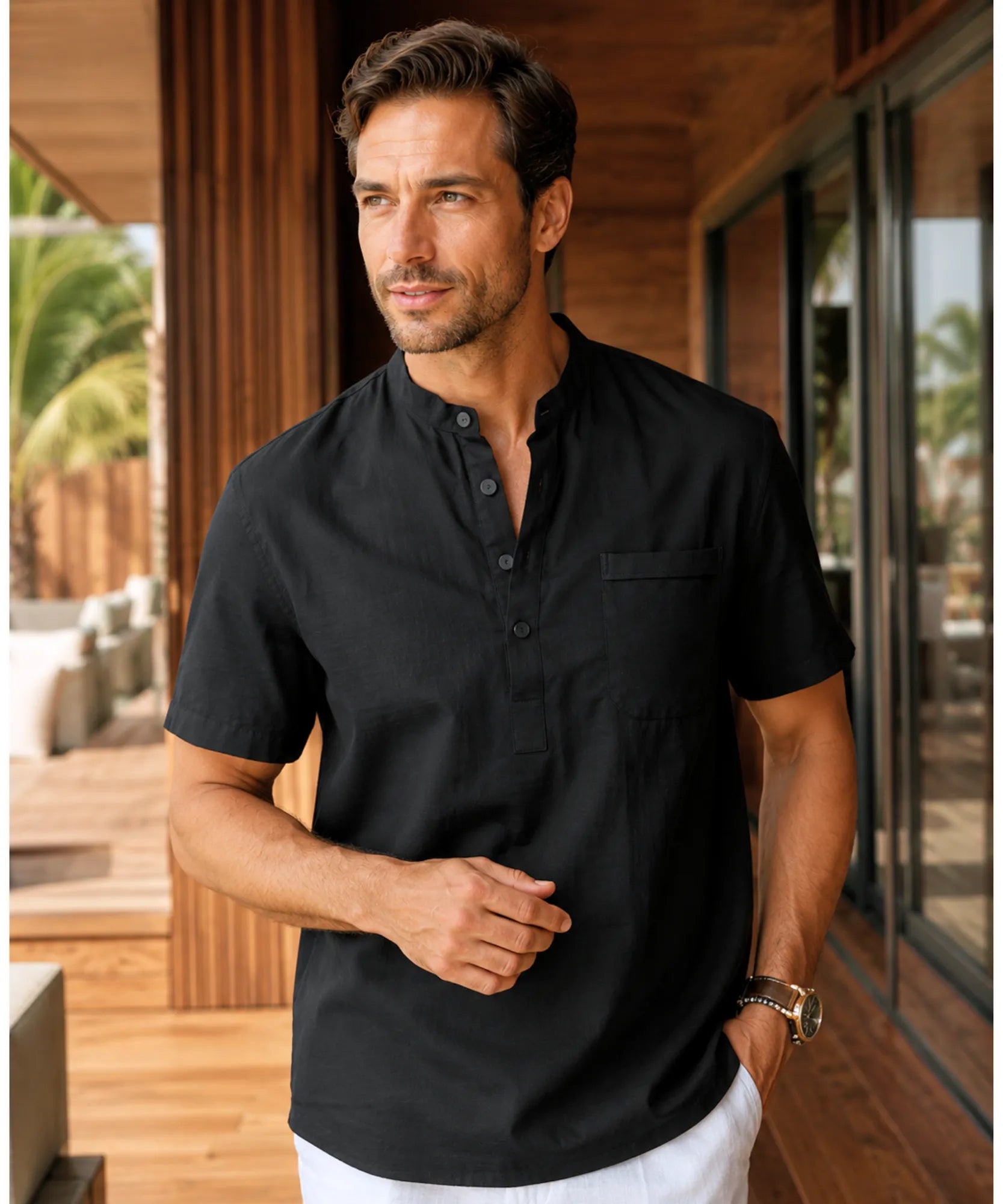 Comprar camisa masculina linho preto manga curta gola padre respirável conforto premium casual social barato promoção ZARA