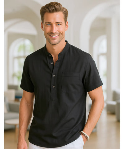 Comprar camisa masculina linho preto manga curta gola padre respirável conforto premium casual social barato promoção ZARA
