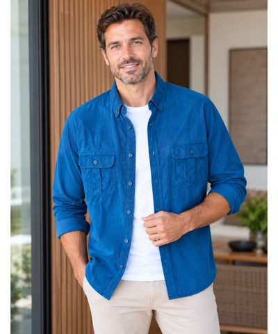 Comprar camisa masculina manga longa veludo cotelê azul em promoção Anellimn
