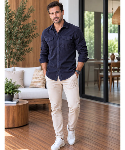 Comprar camisa masculina manga longa veludo cotelê azul marinho corpo inteiro em promoção Anellimn