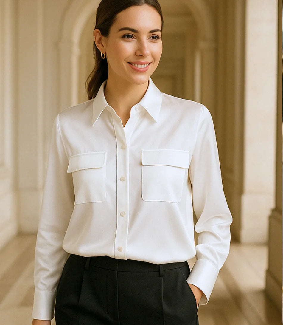 Comprar camisa social feminina branco em seda elegante para trabalho, reuniões ou eventos sofisticados com caimento impecável em promoção ZARA
