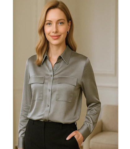 Comprar camisa social feminina cinza em seda elegante para trabalho, reuniões ou eventos sofisticados com caimento impecável em promoção ZARA
