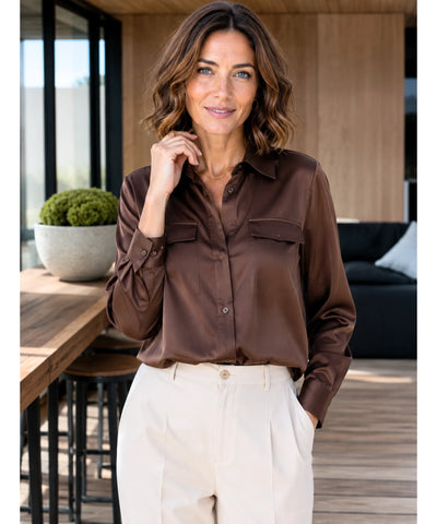 Comprar camisa social feminina em seda elegante para trabalho, reuniões ou eventos sofisticados com caimento impecável barato ANELLIMN