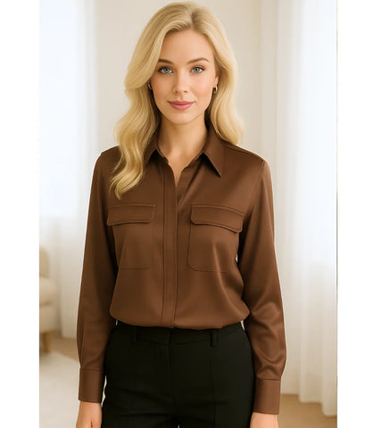 Comprar camisa social feminina marrom em seda elegante para trabalho, reuniões ou eventos sofisticados com caimento impecável em promoção ZARA
