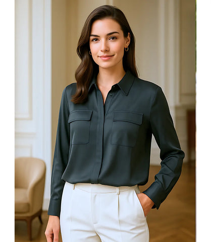 Camisa Social Feminina em Seda Elegante com Bolsos | Lanis