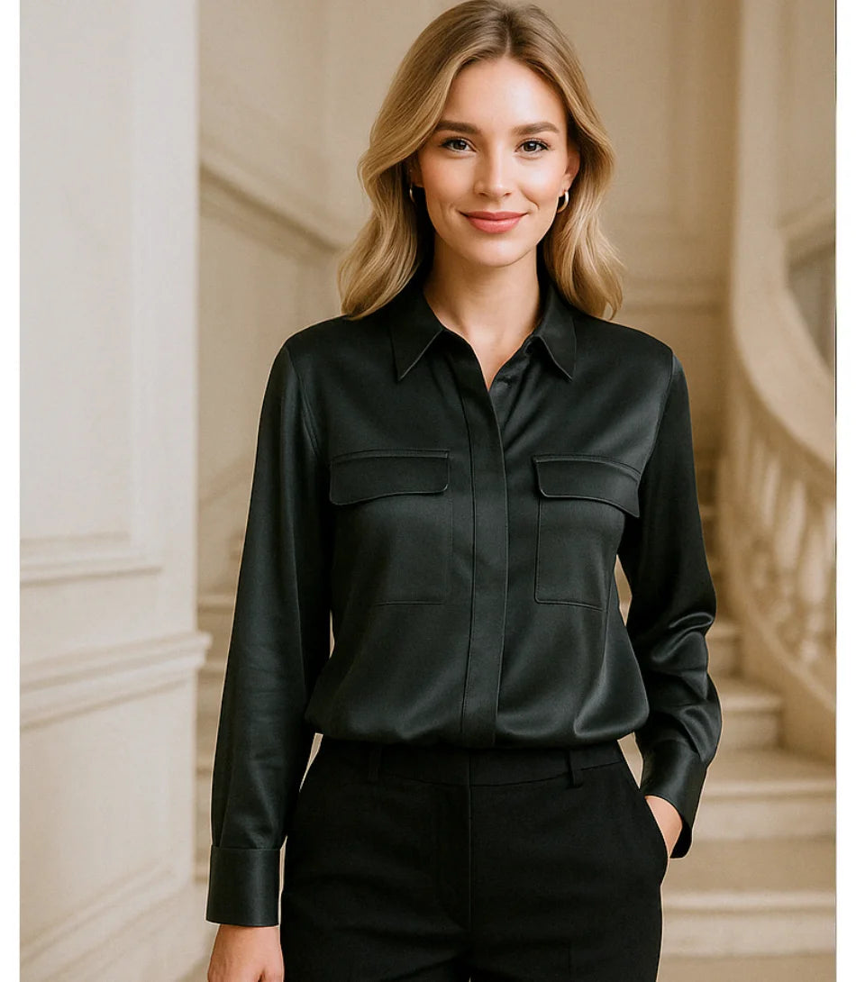 Comprar camisa social feminina preto em seda elegante para trabalho, reuniões ou eventos sofisticados com caimento impecável em promoção ZARA
