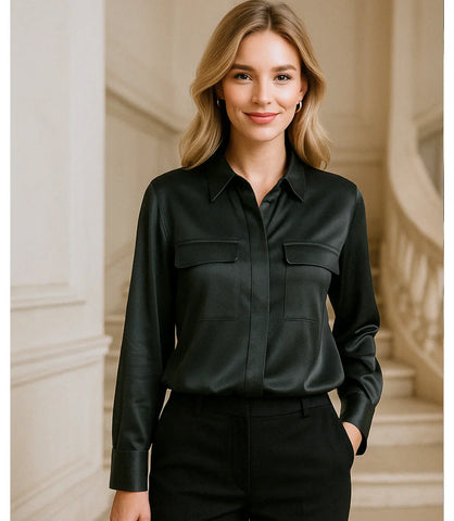Comprar camisa social feminina preto em seda elegante para trabalho, reuniões ou eventos sofisticados com caimento impecável em promoção ZARA
