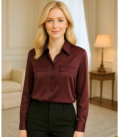 Comprar camisa social feminina vinho em seda elegante para trabalho, reuniões ou eventos sofisticados com caimento impecável em promoção ZARA
