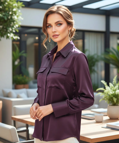 Camisa Social Feminina em Seda Elegante com Bolsos | Lanis