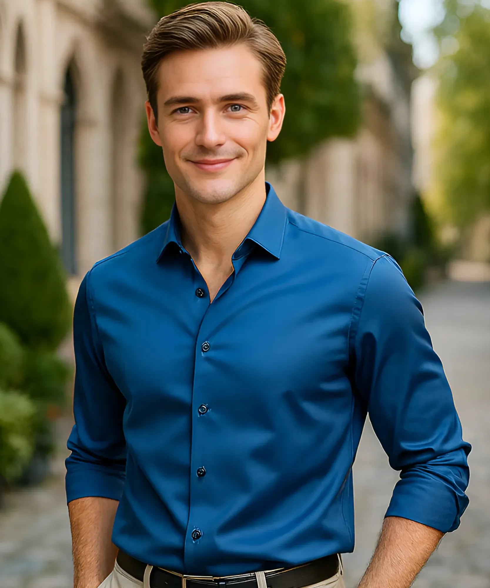 Comprar camisa social masculina azul tecnologia antirrugas 3D slim fit respirável trabalho executivo premium barato ZARA
