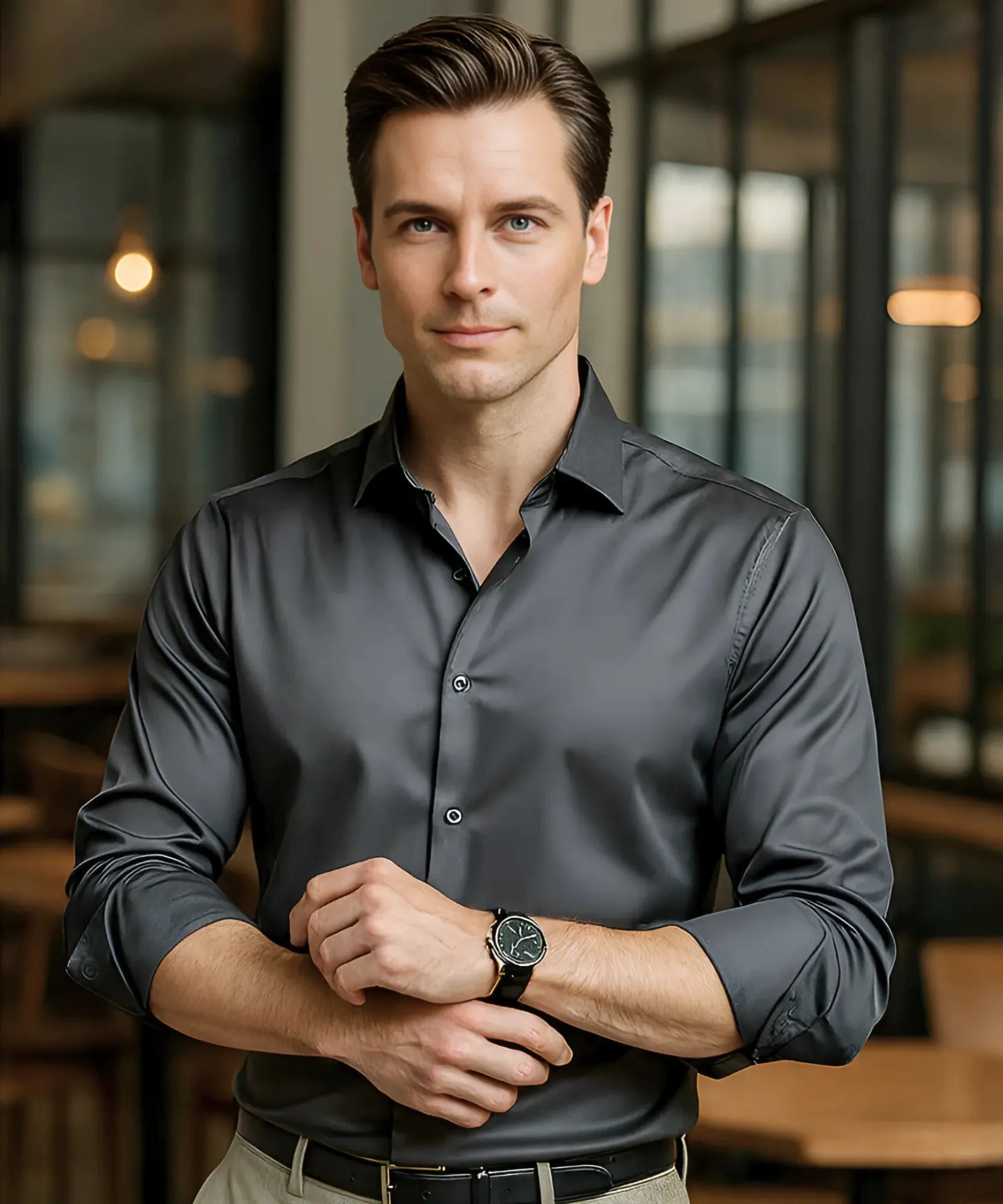 Comprar camisa social masculina cinza tecnologia antirrugas 3D slim fit respirável trabalho executivo premium barato ZARA
