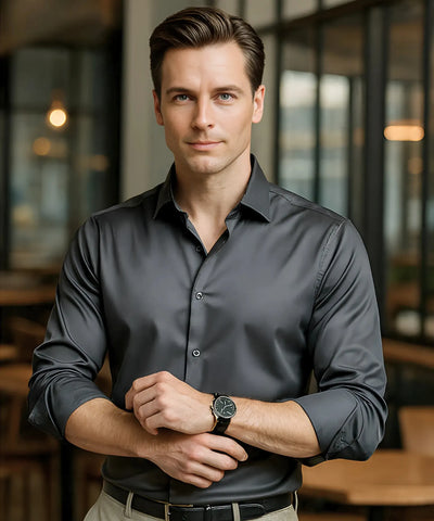Comprar camisa social masculina cinza tecnologia antirrugas 3D slim fit respirável trabalho executivo premium barato ZARA
