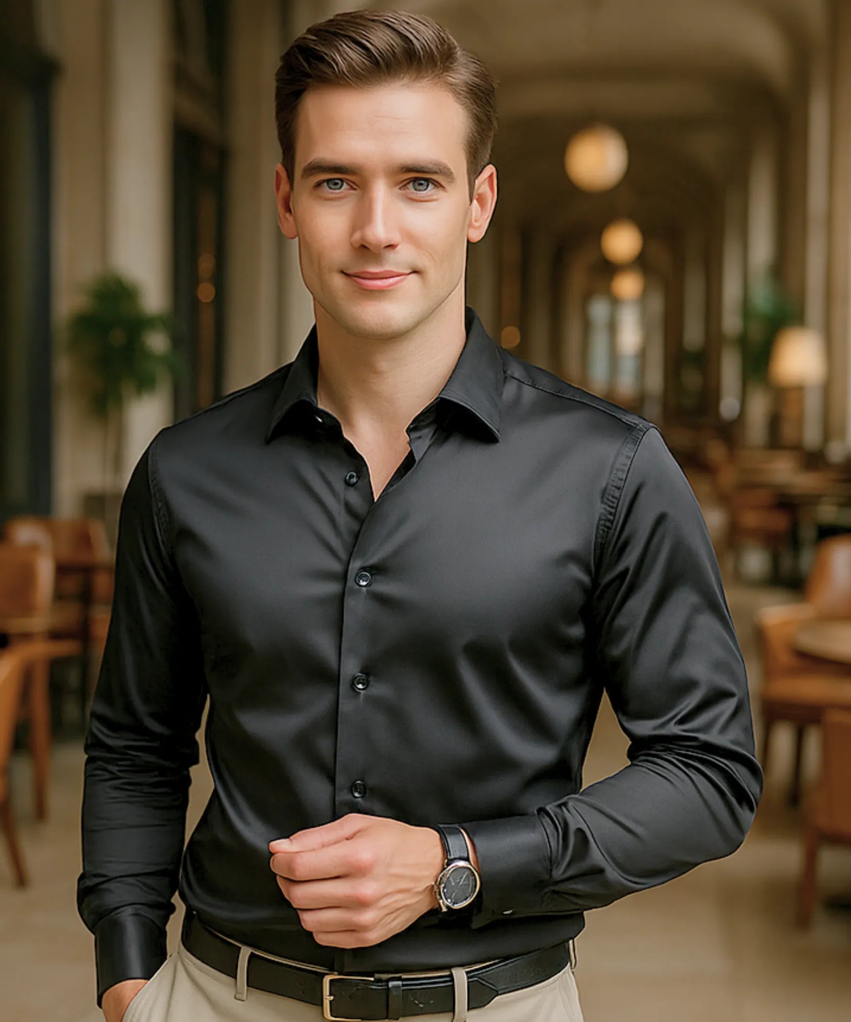 Comprar camisa social masculina preto tecnologia antirrugas 3D slim fit respirável trabalho executivo premium barato ZARA
