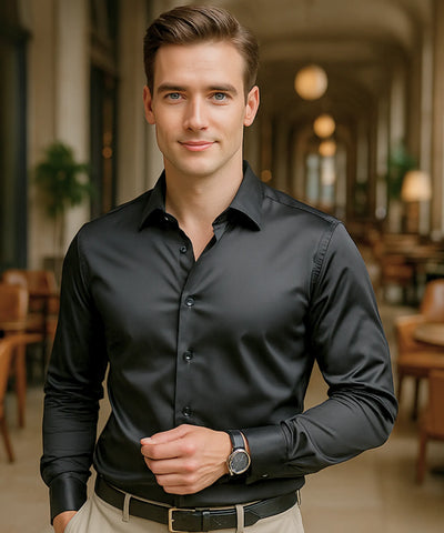 Comprar camisa social masculina preto tecnologia antirrugas 3D slim fit respirável trabalho executivo premium barato ZARA
