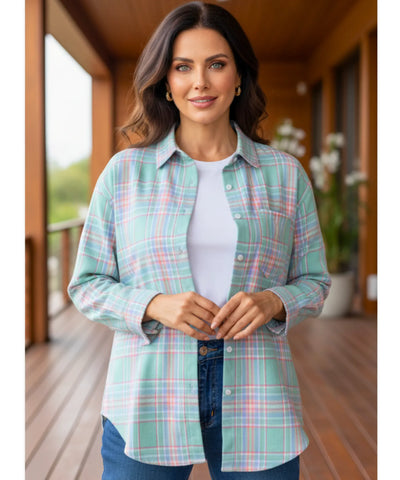 Comprar camisa xadrez feminina de flanela com manga longa para festas juninas e looks casuais country barato ANELLIMN