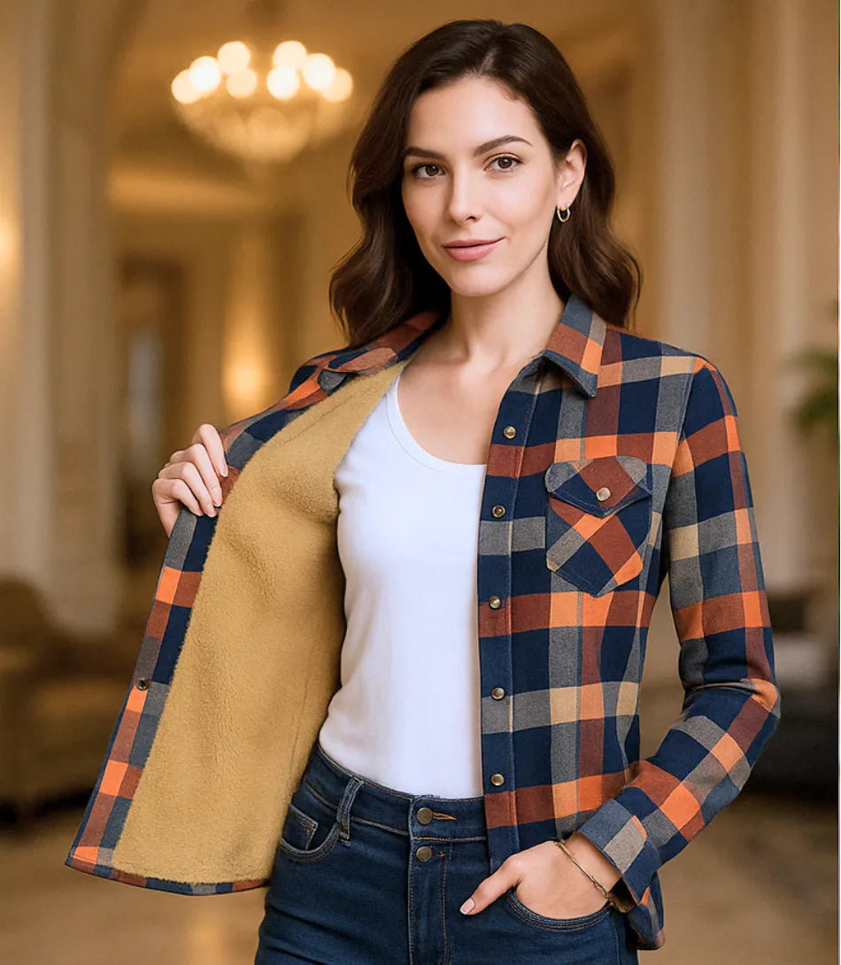 Comprar camisa xadrez feminina flanelada laranja com forro peluciado térmico para inverno e festa junina barato ANELLIMN
