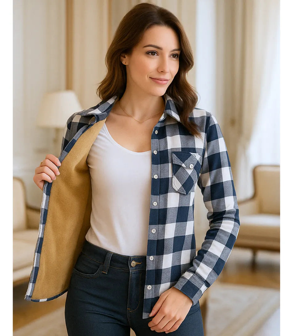 Comprar camisa xadrez feminina flanelada preto e branco com forro peluciado térmico para inverno e festa junina barato ANELLIMN
