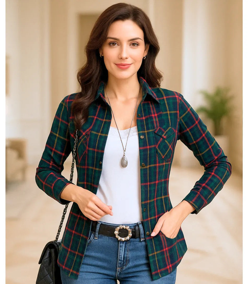 Comprar camisa xadrez feminina flanelada verde com forro peluciado térmico para inverno e festa junina barato ANELLIMN
