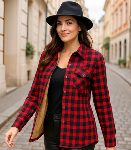 Comprar camisa xadrez feminina flanelada vermelho com forro peluciado térmico para inverno e festa junina barato ANELLIMN
