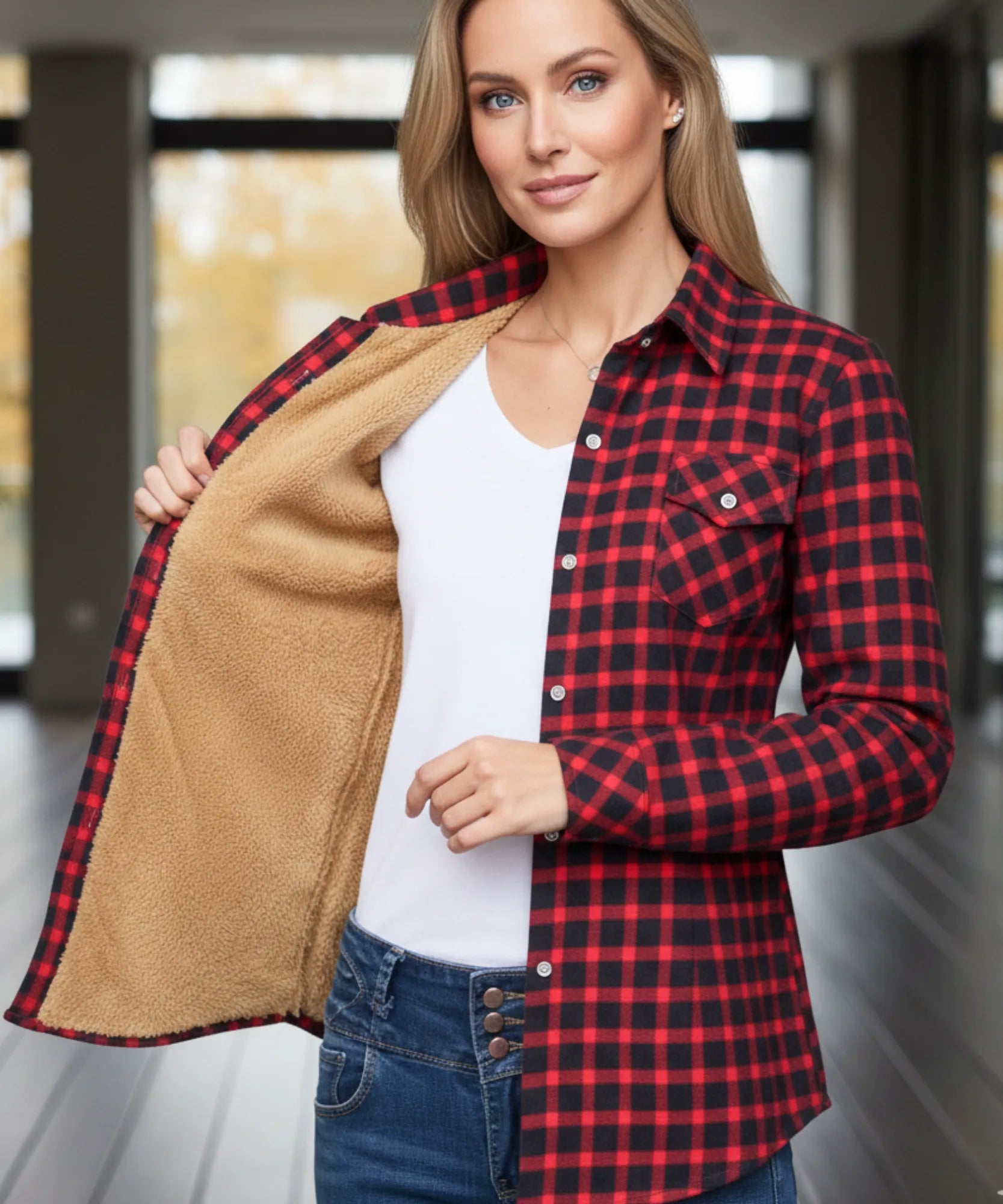 Comprar camisa xadrez feminina flanelada com forro peluciado térmico para inverno e festa junina em promoção ANELLIMN